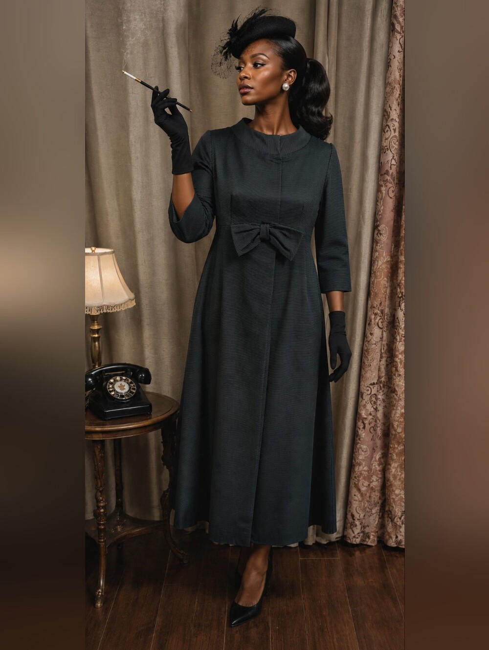 Jr. Theme Elegant Black Vintage Midi Dress with Bow Detail